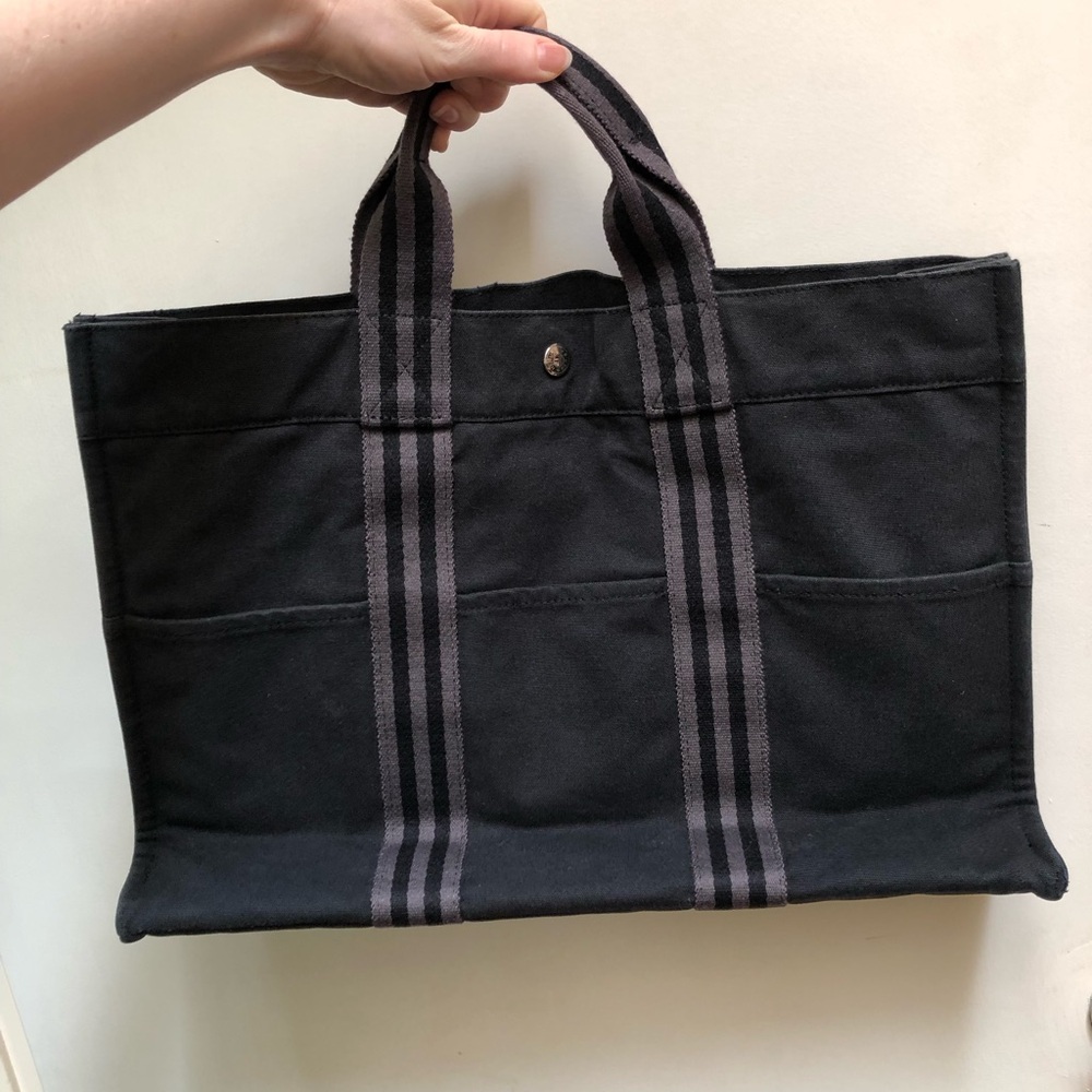 Auth Unisex Hermes Ferre-Tout MM canvas tote bag in Black/Gray (Medium size)